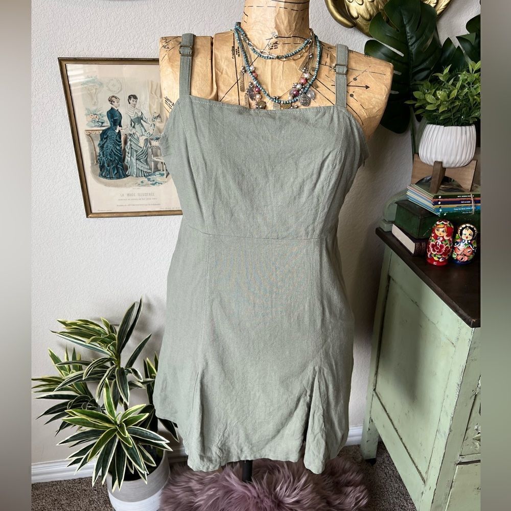 Altar’s State Olive Green Cotton Sleeveless Kick Front Lace Up‎ Mini Dress Sz L